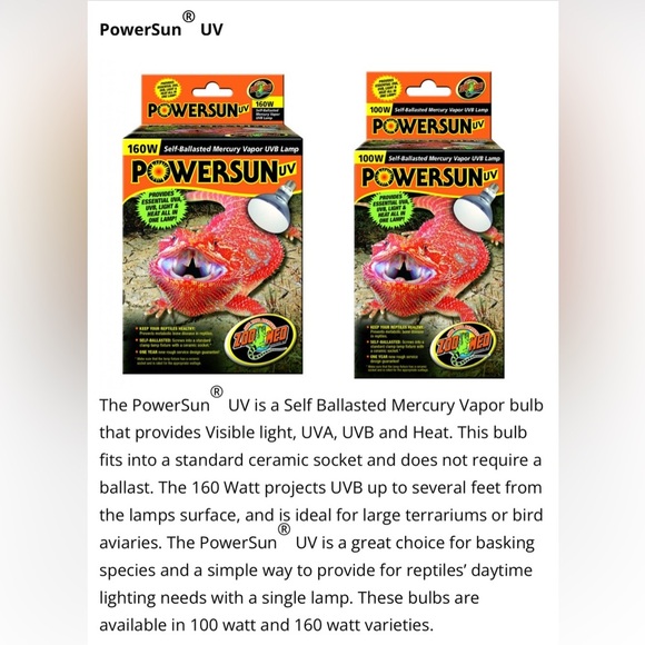 Set of Two Zoo Med PowerSun UV Bulb 160 Watt  Bulb Ideal for Large Terrariums - Picture 6 of 6